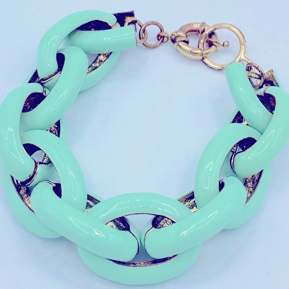 Unique Gold Plated Chunky Mint Green Enamel Linked Chain Bracelet 60-70s Style